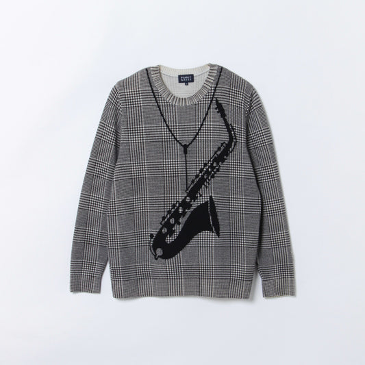 サックスインターシャ　グレンチェック　クルーネックニット
